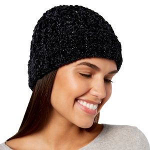 INC Womens Chenille Shine Beanie Hat Black O/S